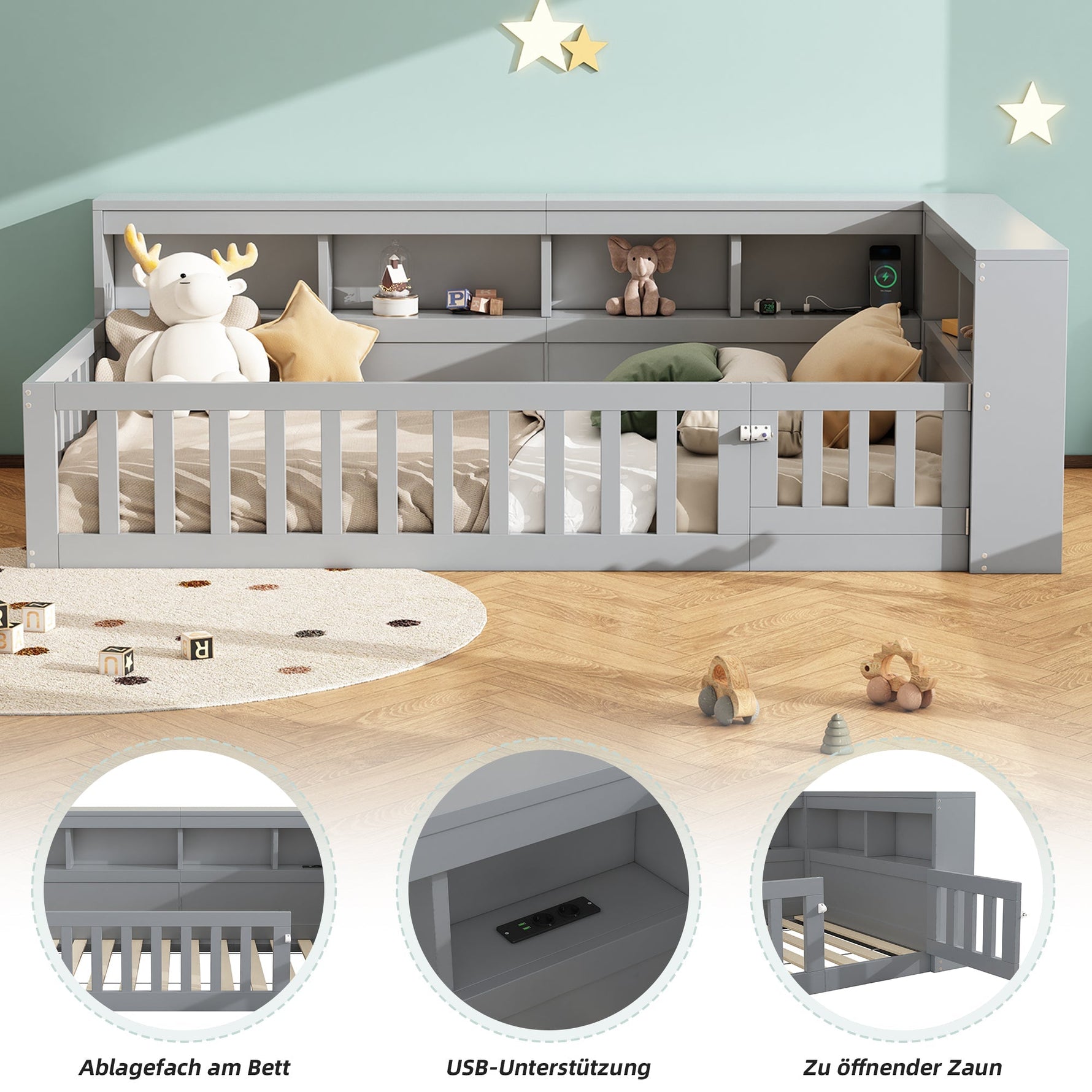 Daybed Sofa Bed 90x200cm Storage USB/Socket Railing - Grey