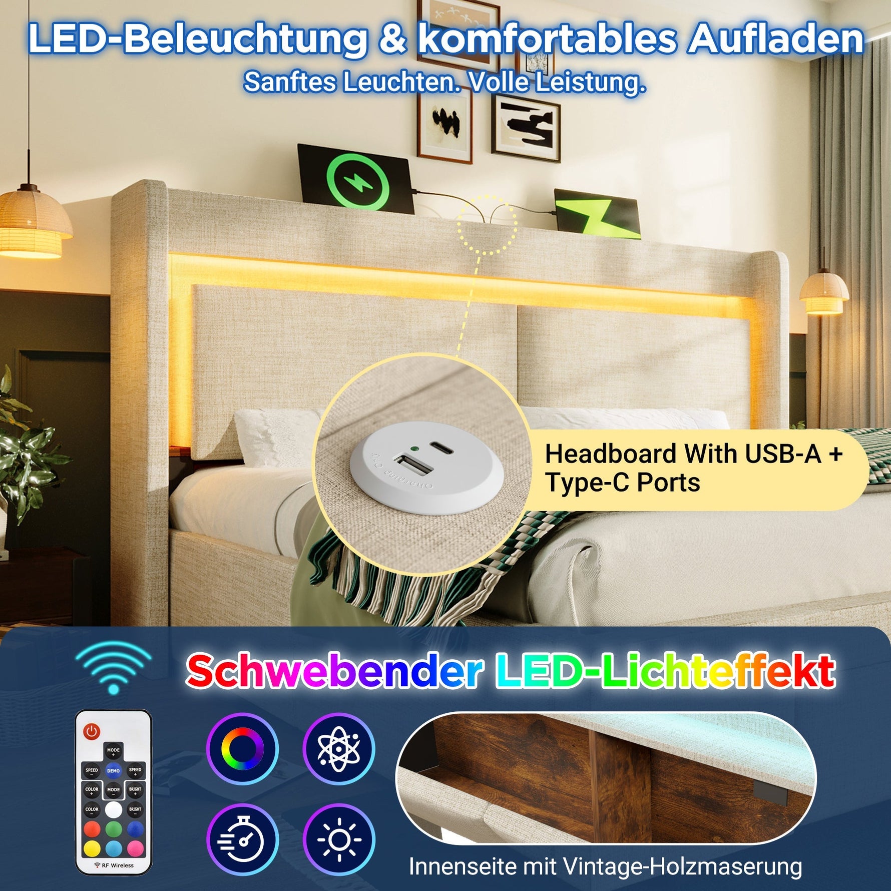 Upholstered Bed 180x200cm Hydraulic Storage LED USB/USB-C Headboard with Compartment Beige Linen