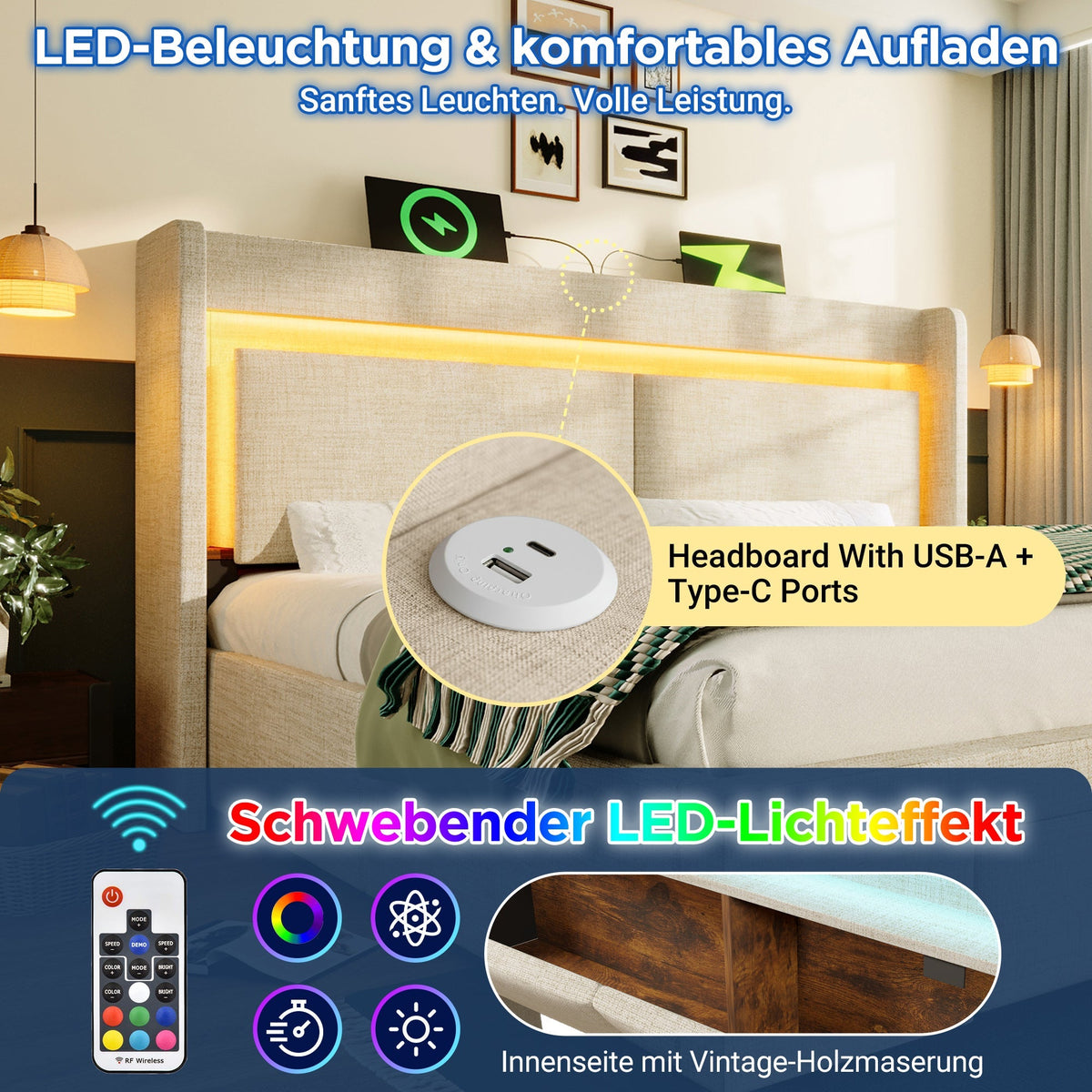 Upholstered Bed 160x200cm Hydraulic Storage Headboard Storage LED USB/Type-C Beige Linen