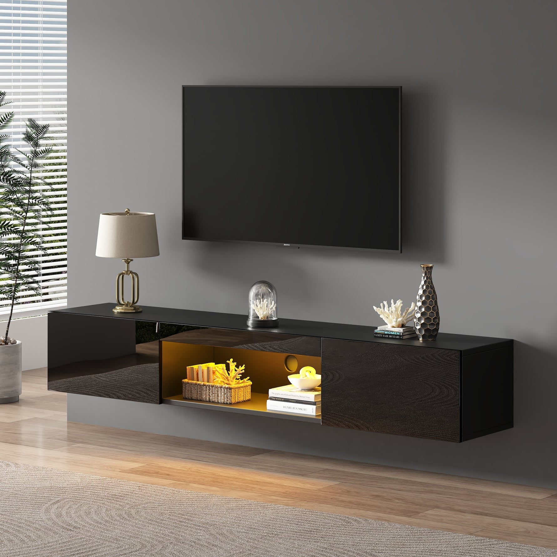 Wall-Mounted TV Stand with LED Lighting and High Gloss Finish for 70-Inch TVs, Black