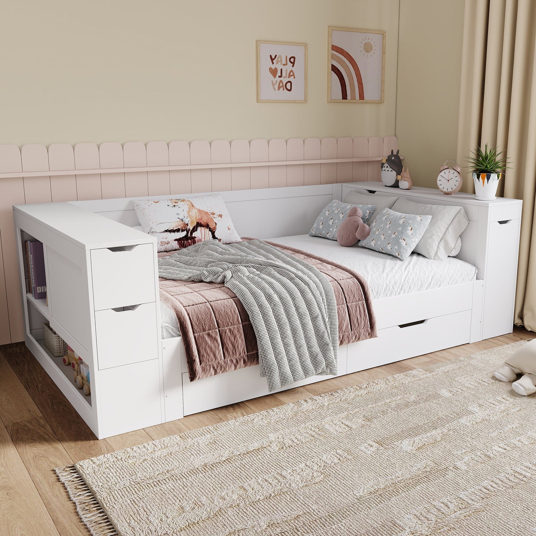 Multifunctional Storage Daybed with Drawers, Shelves and Bedside Tables, 140x200cm, White Wood