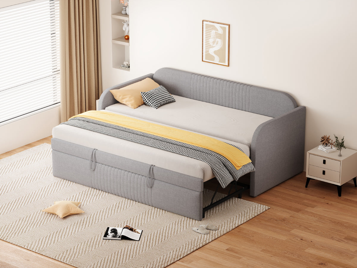 Upholstered Extendable Sofa Bed 90/180x190cm, Light Grey Linen