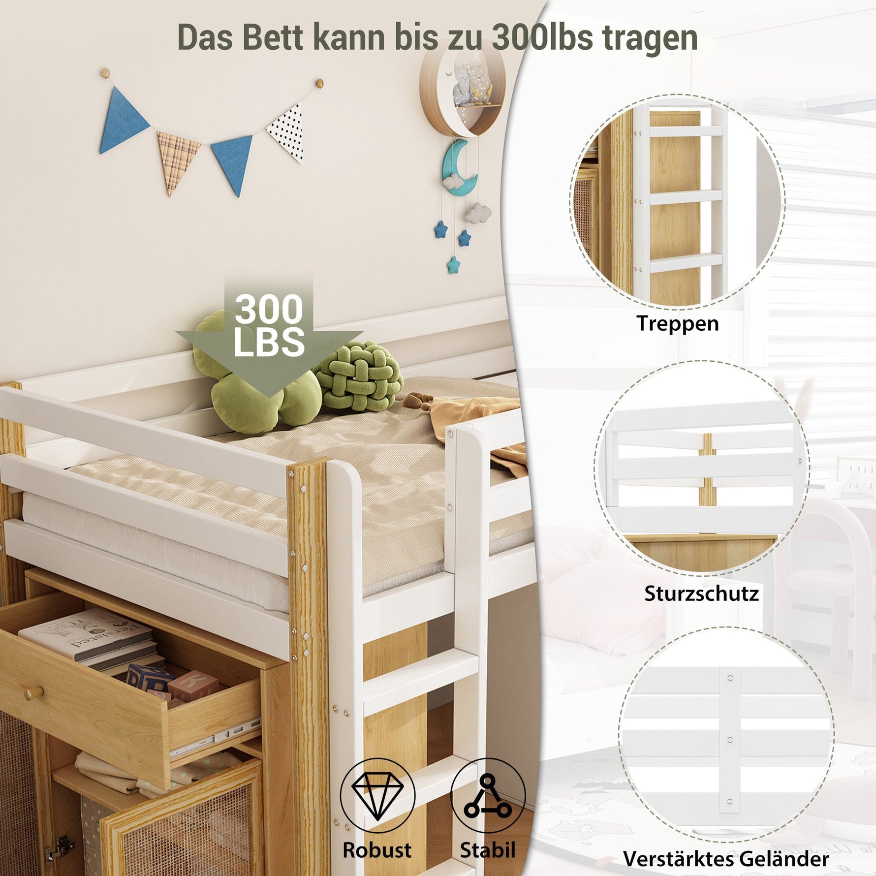 Children's Loft Bed with 2 Storage Cabinets and Ladder, 90x200cm, Natural and White
