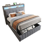 Upholstered Bed 140x200cm, LED & USB, Hydraulic Storage, Linen Fabric Gray