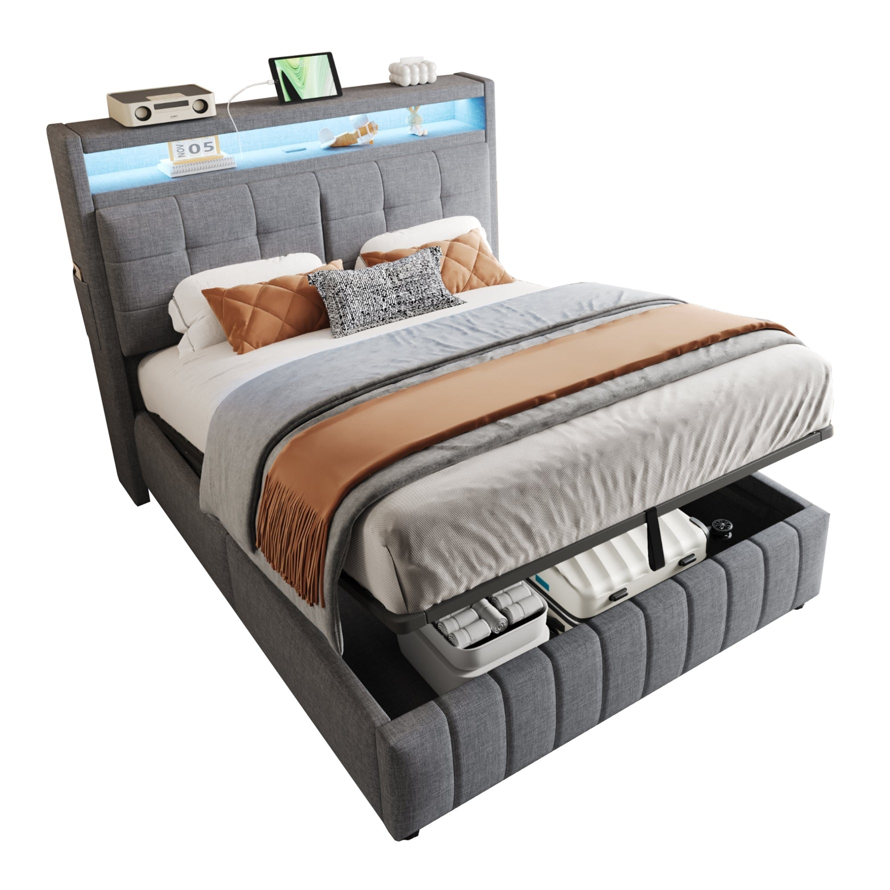 Upholstered Bed 140x200cm, LED & USB, Hydraulic Storage, Linen Fabric Gray