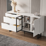 Sideboard Buffet Cabinet with 3 Drawers, Glass Doors and LED Lights, White Wood