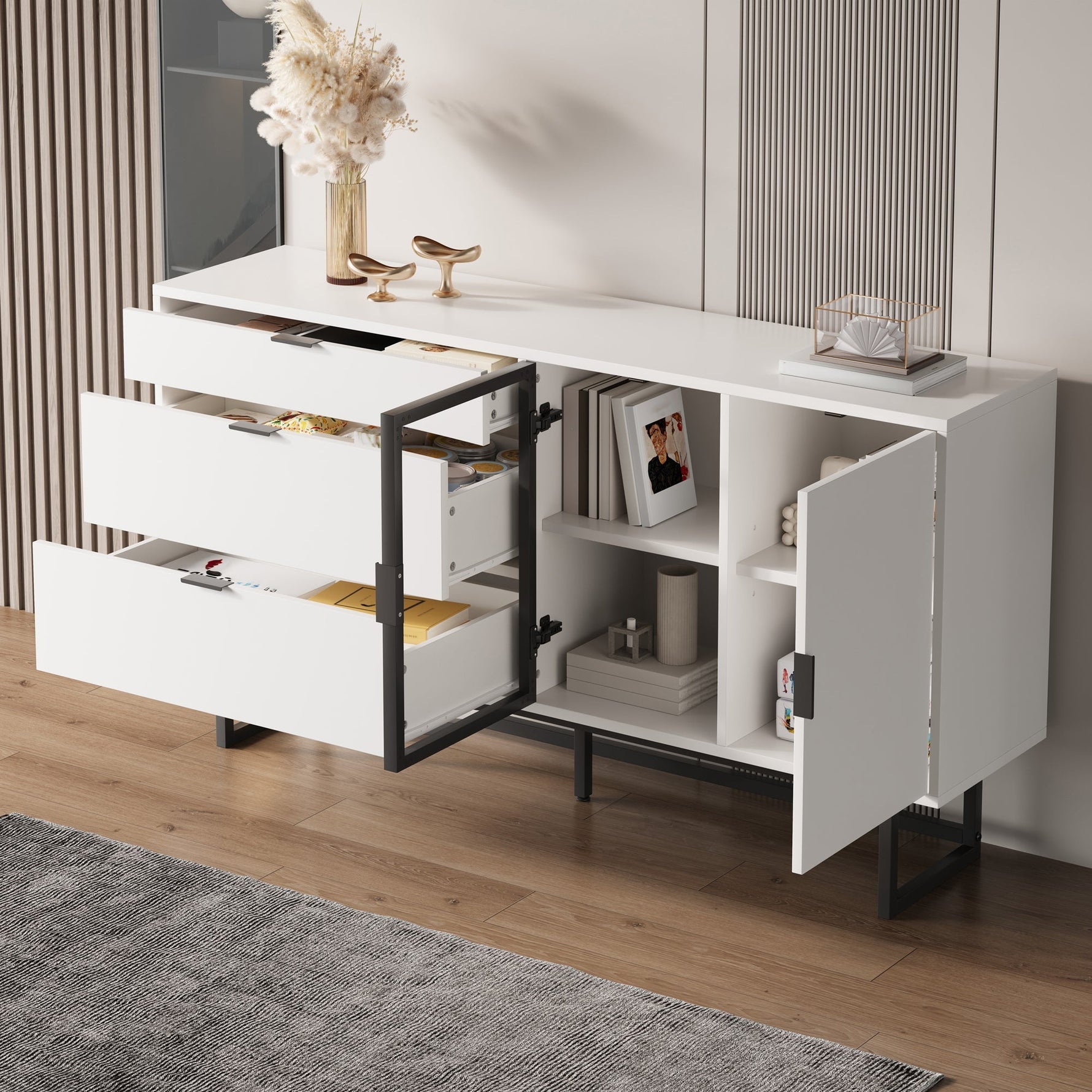 Sideboard Buffet Cabinet with 3 Drawers, Glass Doors and LED Lights, White Wood