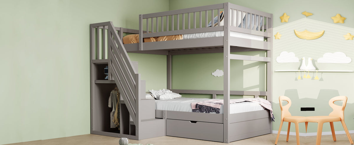Bunk Bed, 90*200cm, High Safety Rail, Slatted Frame, Storage Ladder & Drawers, Solid Wood Grey