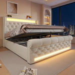 Upholstered Double Bed, 140x200cm LED with Storage Headboard USB/Type-C, Hydraulic Lift, Beige Velvet