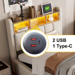 Children's Upholstered Bed 90x200cm LED USB Hydraulic Storage Headboard Shelves - Linen Beige