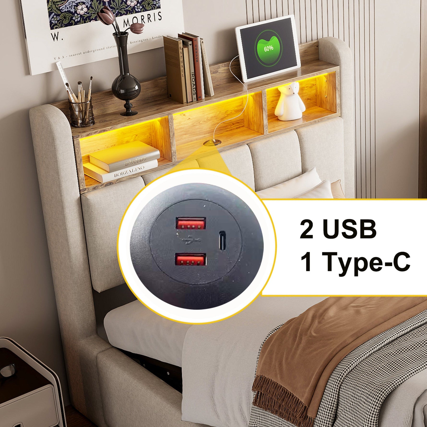 Children's Upholstered Bed 90x200cm LED USB Hydraulic Storage Headboard Shelves - Linen Beige