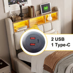 Upholstered Single Bed 90x200 LED USB Storage, Beige Linen