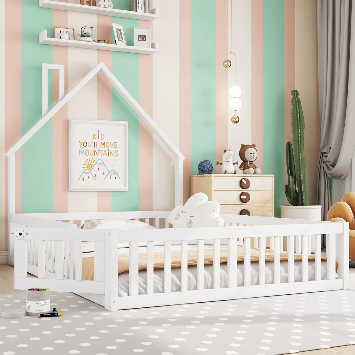 Children's Upholstered Bed 140x190cm Chimney Shape, White Pine Wood