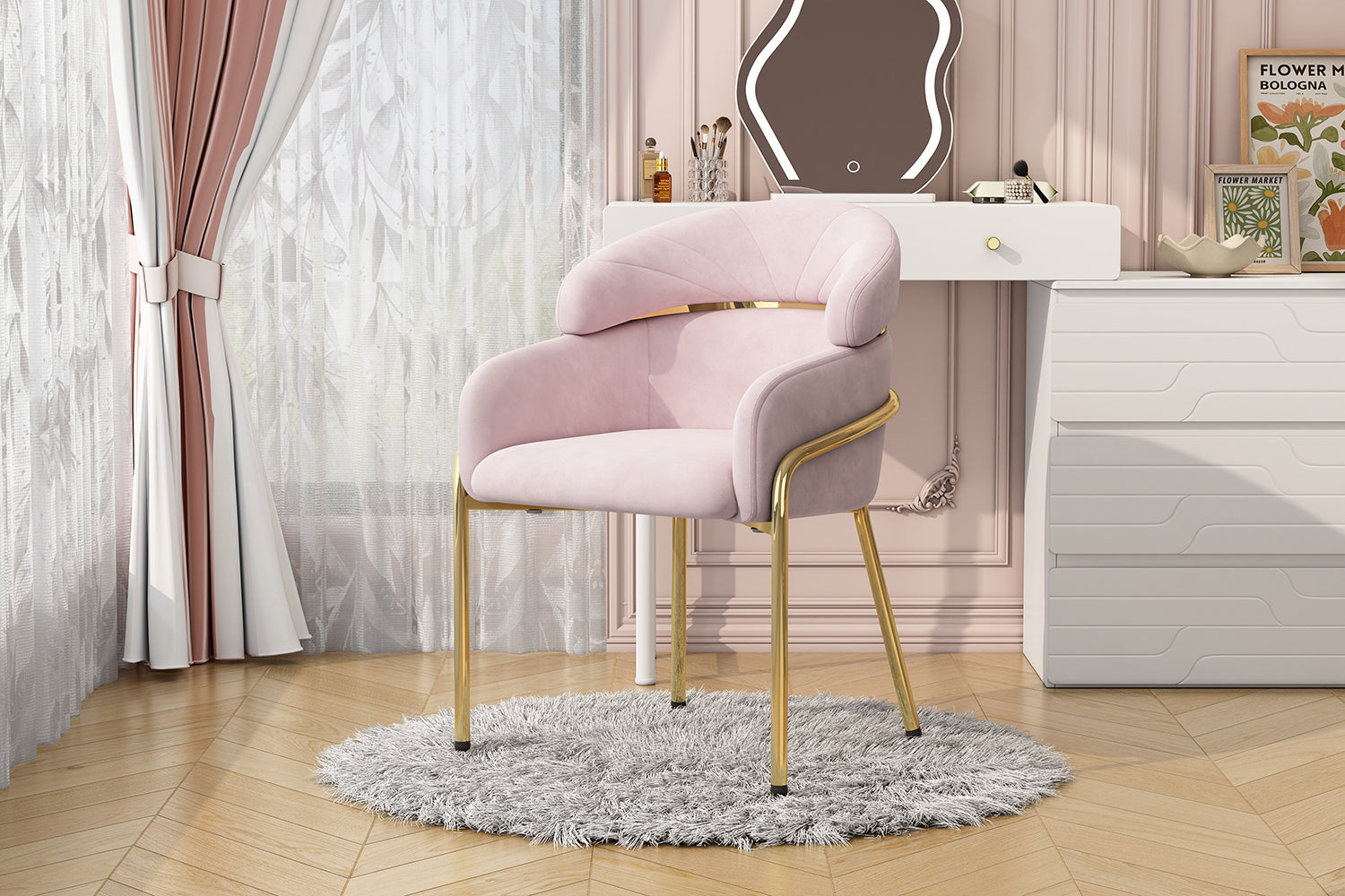 Dining Chair, Single Light Luxury Leisure Chair with Metal Legs, Pink Velvet