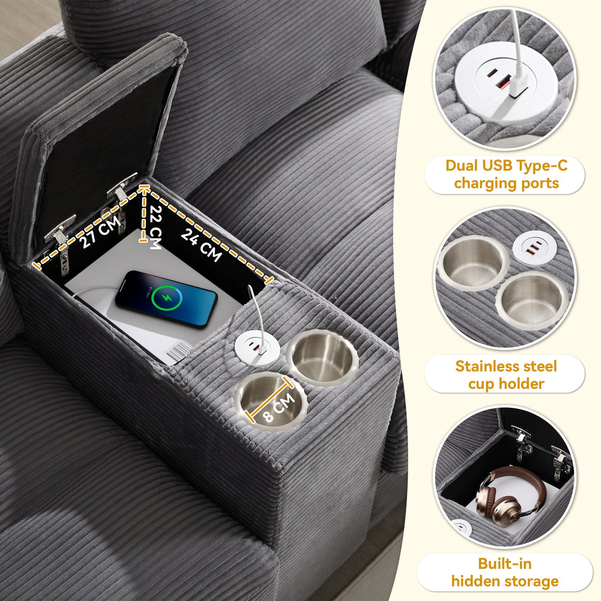 U-Shaped Sofa 4-Seater Oversized Storage USB Cup Holders - Corduroy