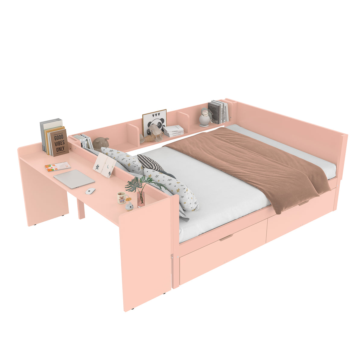 Wooden Double Bed 140x200cm with Desk & Drawers, Pink Pine