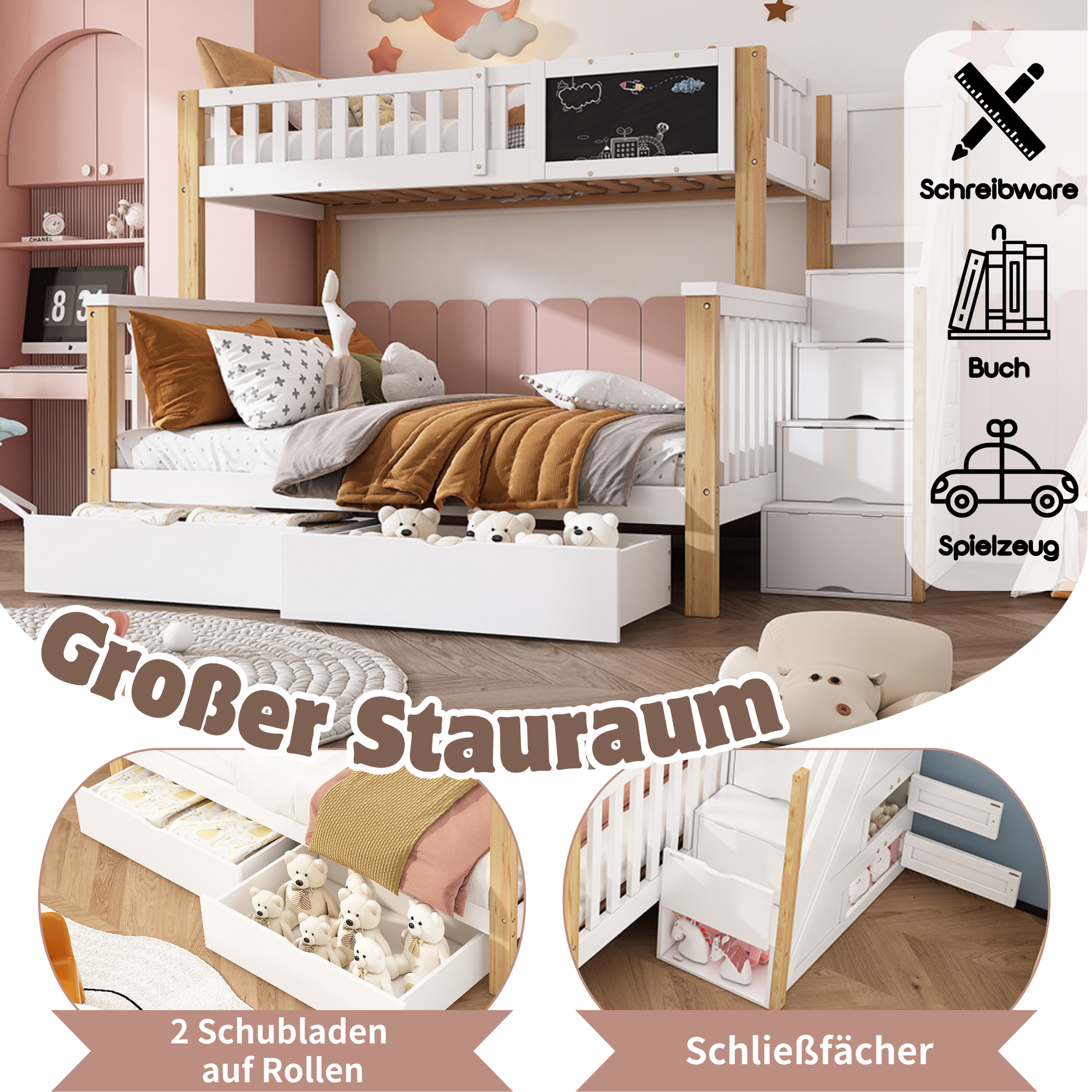 Children's Bunk Bed with Chalkboard, Drawers and Double Bed, 90x200cm and 140x200cm, White and Light Oak