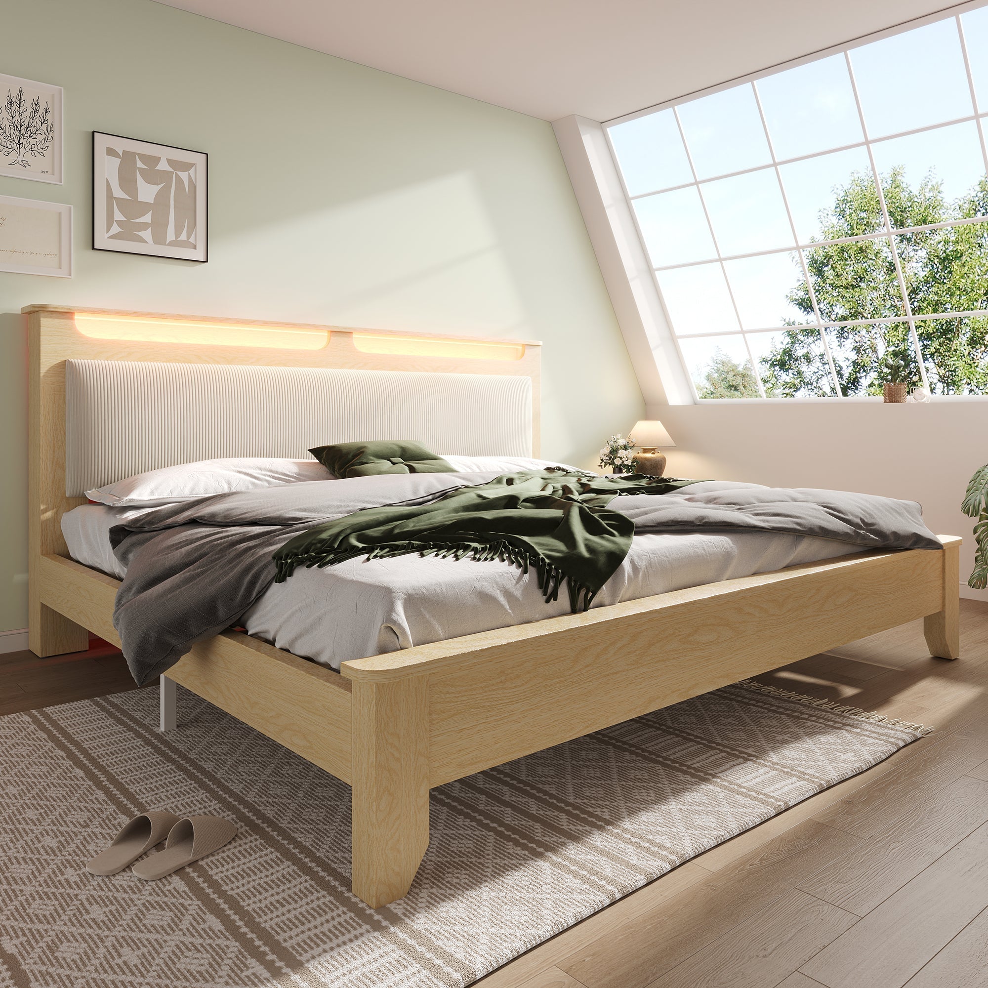 Double Wooden Bed, 180x200cm, Storage Headboard, LED, Corduroy, Light Oak