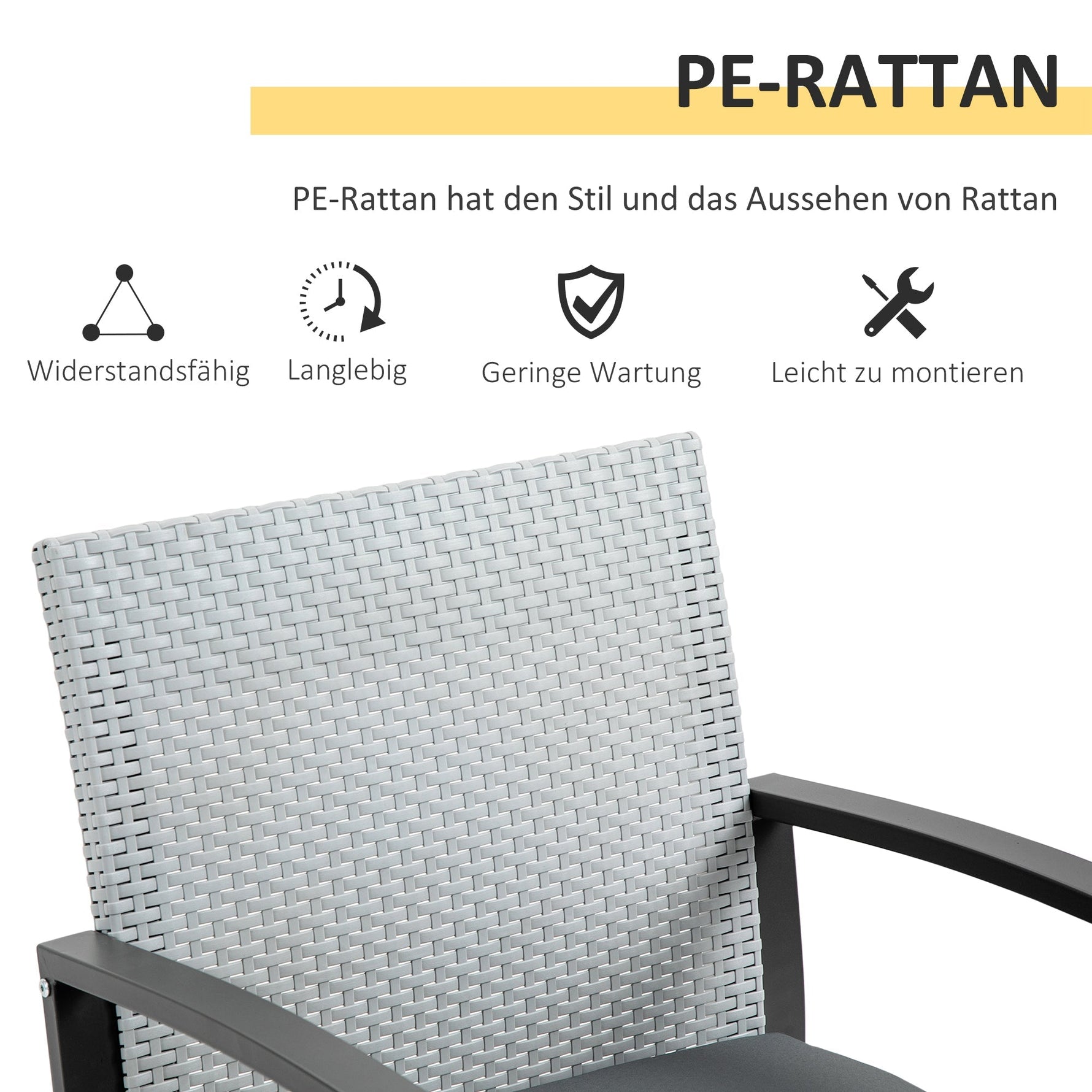 Rattan Seating Set, 3-Piece with Dining Table, Steel & Polyester, Black/Grey