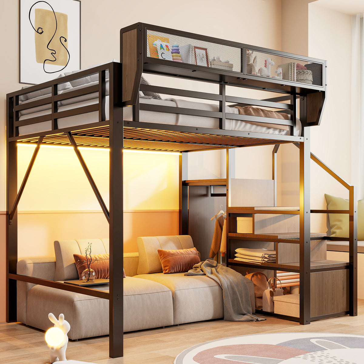 Loft Bed 140x200 with LED Light Strip & Storage, Black