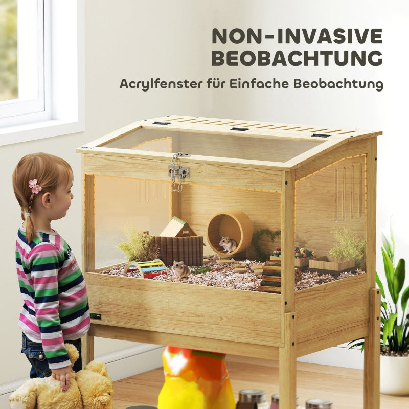Hamster Cage 2 Tier Rodent Cage, Folding Lid, Natural Wood