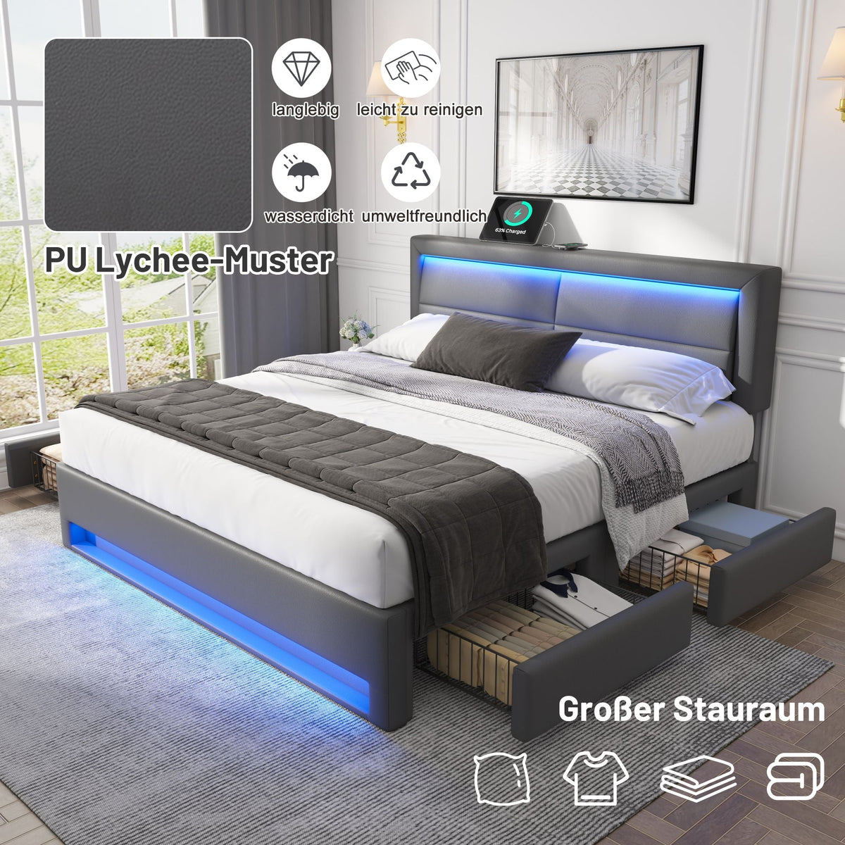 Upholstered Bed 140x200cm USB LED Light 4 Drawers - Grey