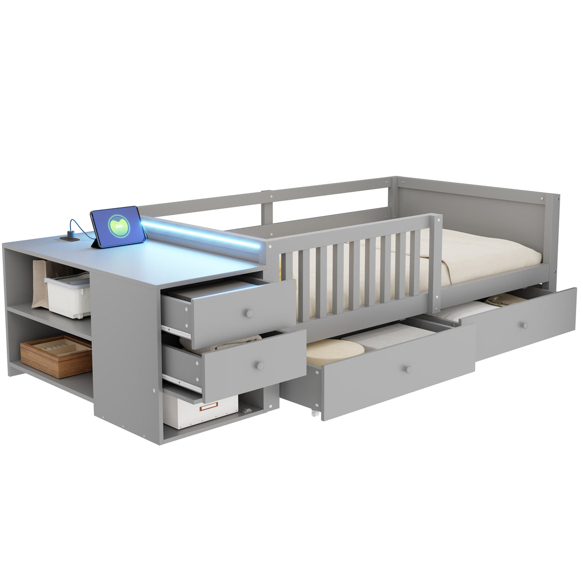 Children's Bed 90x200cm with Desk, LED & Storage Drawers, Grey