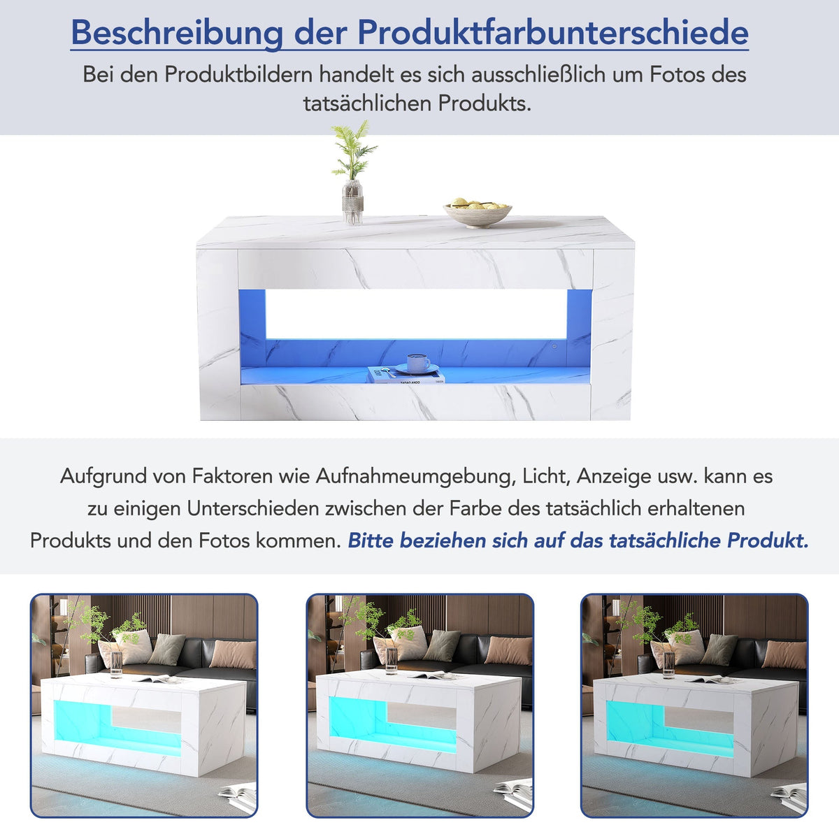 LED Coffee Table High-Gloss Remote Control Marble Print - White