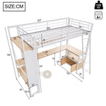 Loft Bed 90x200cm with Desk, LED & USB, White Iron Frame