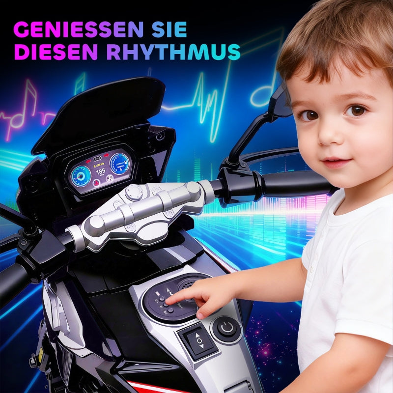 Electric Motorcycle for Kids with Training Wheels, Lights and Music, Black