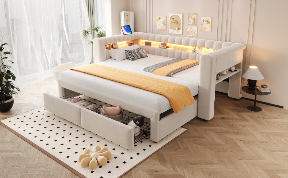 Upholstered Sofa Bed with Pull-Out Bed & Drawers, Beige Velvet