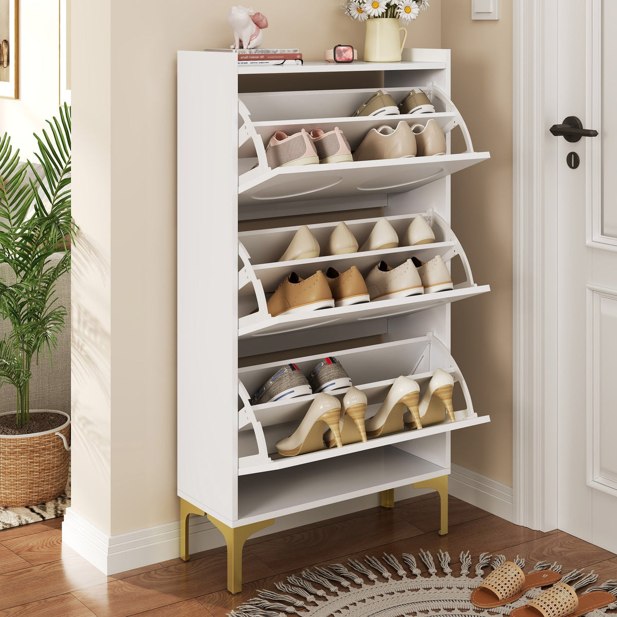 Modern Shoe Cabinet, 3-Tier Storage Metal Feet Entryway, White