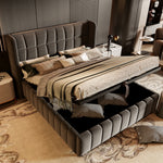 Upholstered Double Bed with LED, USB & Storage, 160x200, Linen