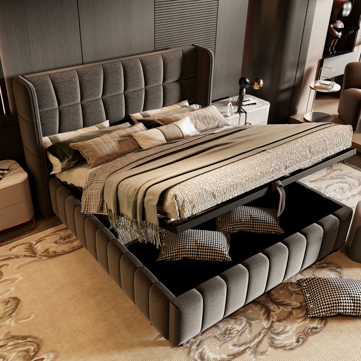 Upholstered Double Bed with LED, USB & Storage, 160x200, Linen