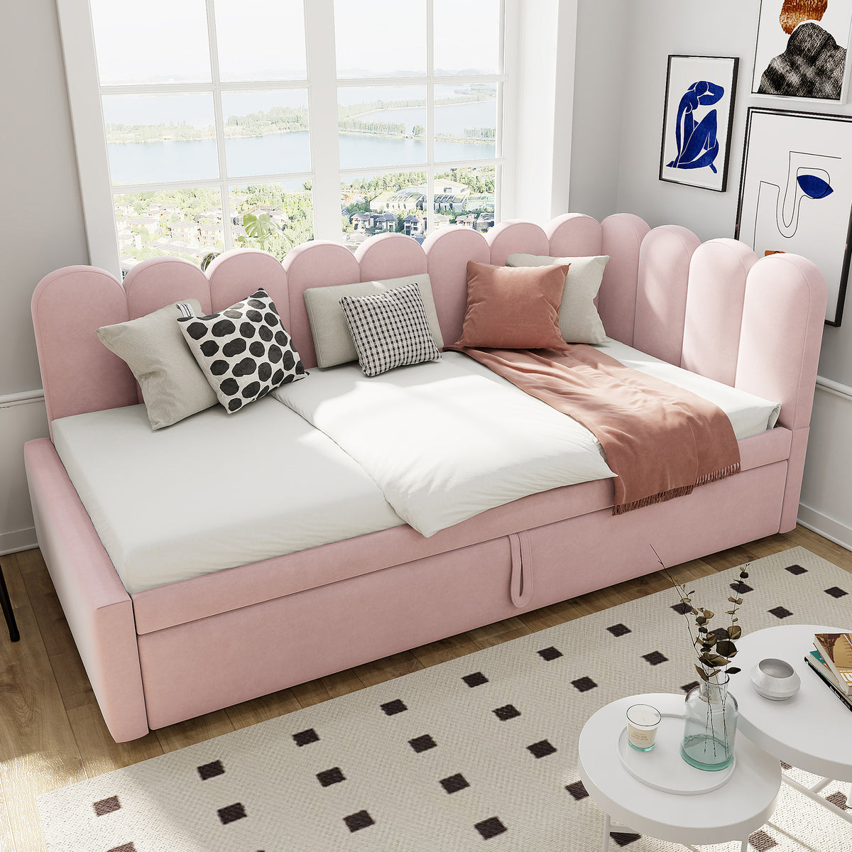 L-Shaped Sleeper Sofa Bed - 2-in-1 Space-Saving, Pink Velvet