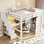 140x200 Loft Bed with Desk, Shelf, Wardrobe, Storage Stairs, USB and LED Lights, White