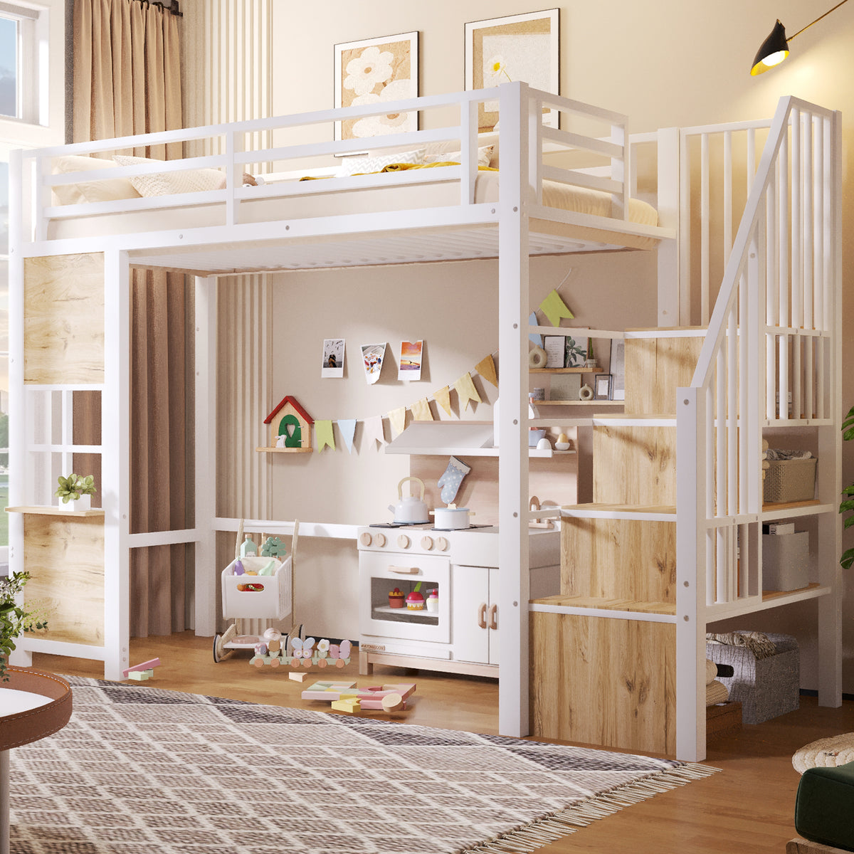 Loft Bed 90x200cm with Storage Ladder - White Iron Frame