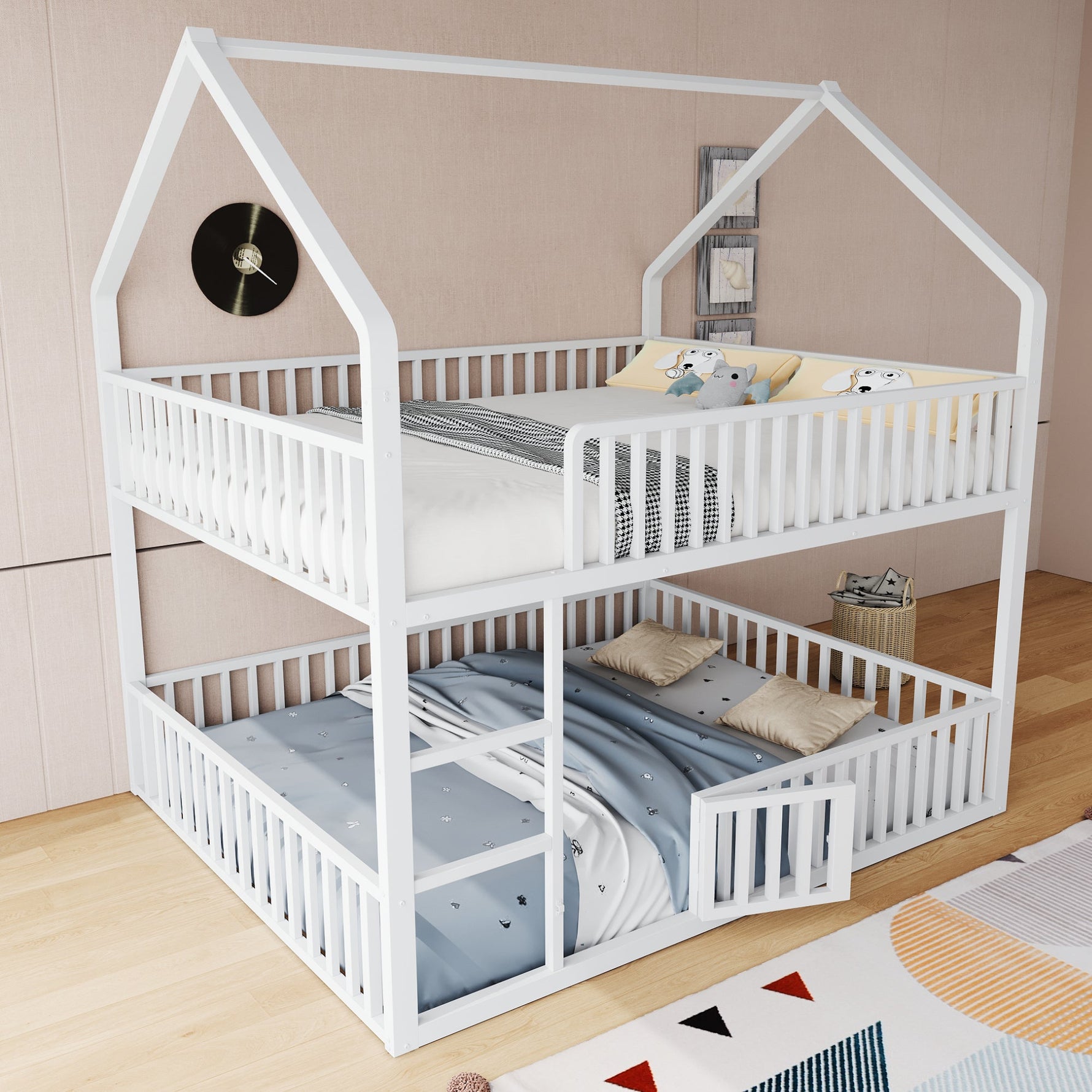 Children's Bunk Bed 140*200, Double Bed with Stairs & Loft Design, White Metal