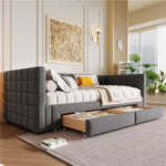 Daybed with Square Backrest and 2 Storage Drawers, Extendable to 180cm, Grey Velvet
