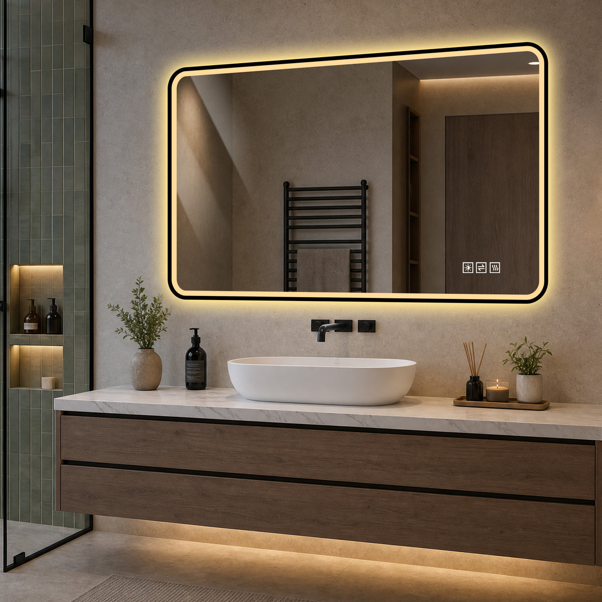 LED Bathroom Mirror 70x90 cm Dimmable Anti-Fog, Black Aluminum