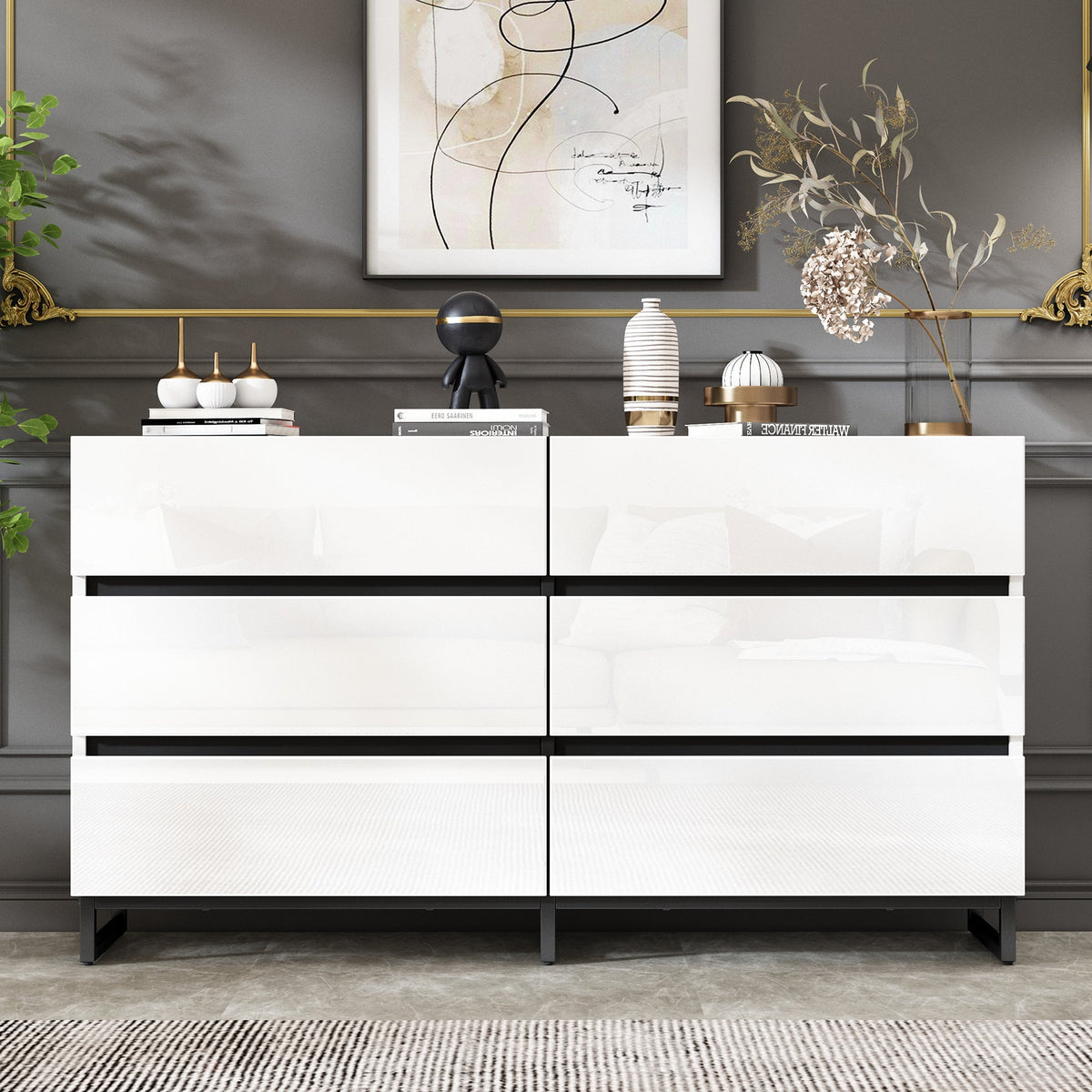 Living Room Sideboard, 6-Drawer High-Gloss Cabinet with Metal Legs, White/Black