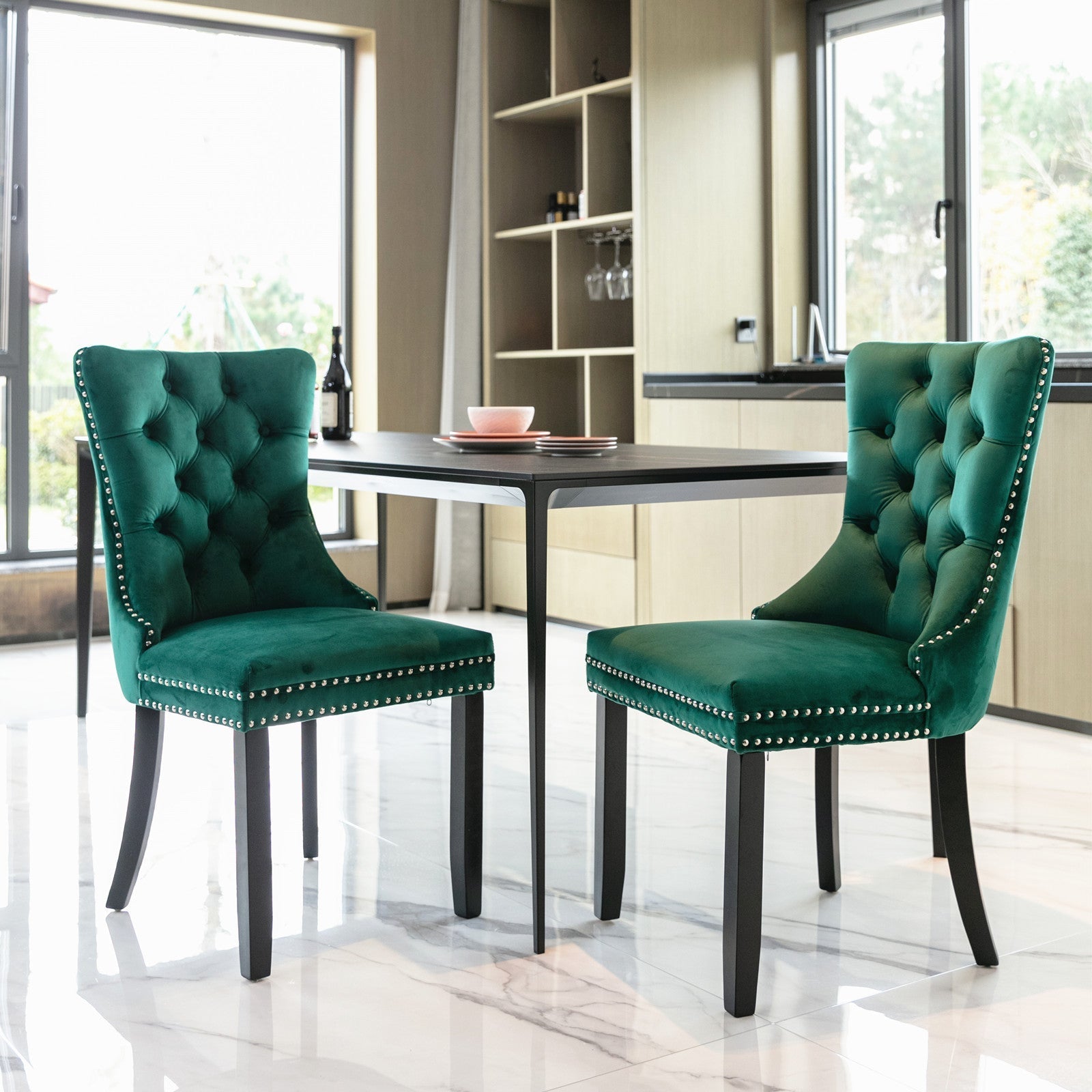 Nikki Collection Tufted Upholstered Dining Chair Wood Legs Nailhead Trim Set of 2 - Green Velvet