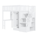 Loft Bed with Wardrobe, Shelf, Table & Storage Stairs, Wooden, White