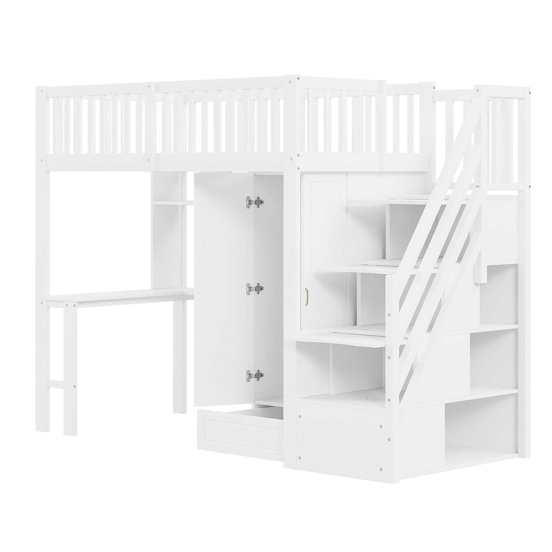 Loft Bed with Wardrobe, Shelf, Table & Storage Stairs, Wooden, White