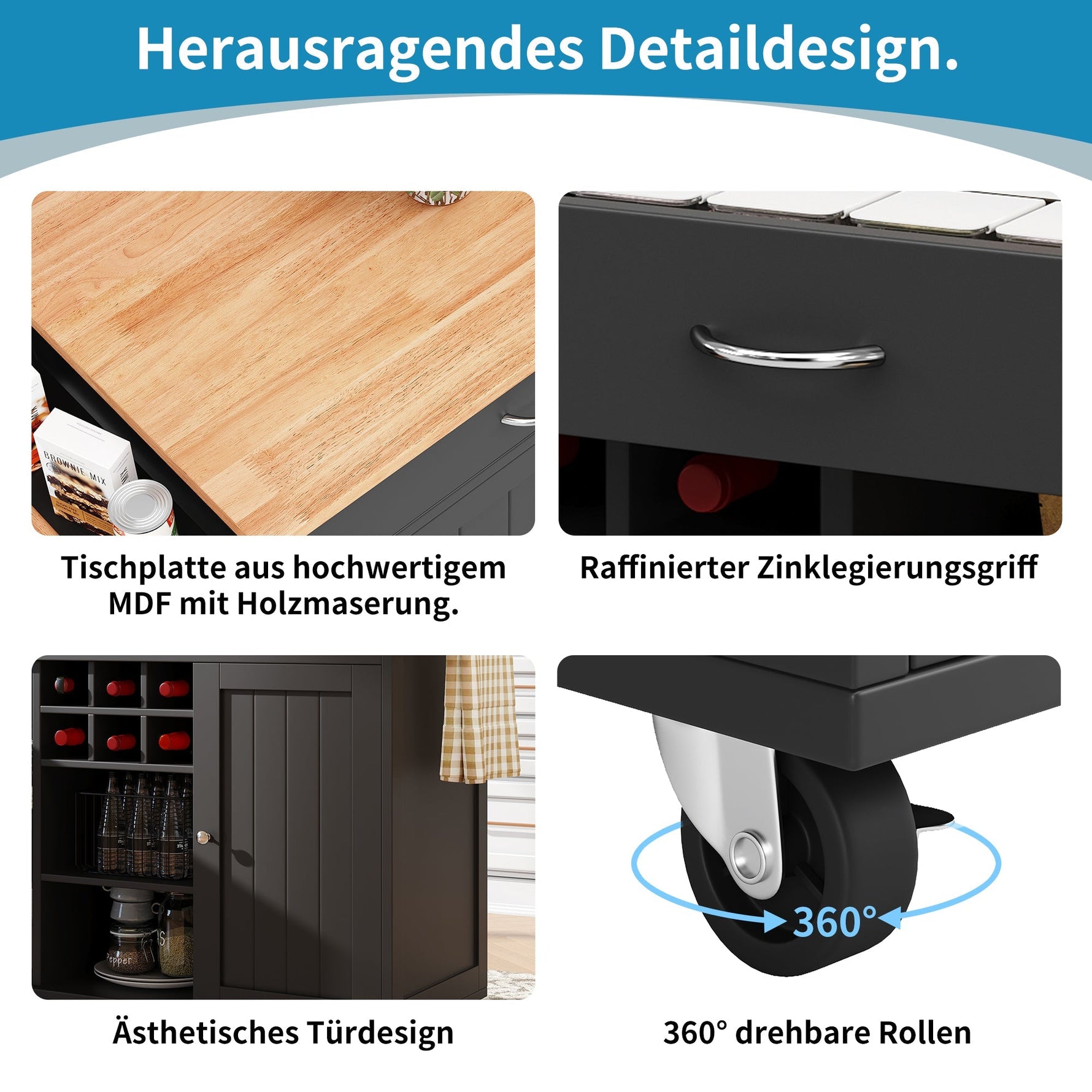 Modern Kitchen Island 102cm Dining Cart Storage - Black
