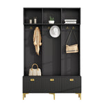 Wardrobe Set with Bench, Multifunctional Storage, Open Storage, 6 Golden Hooks, Black