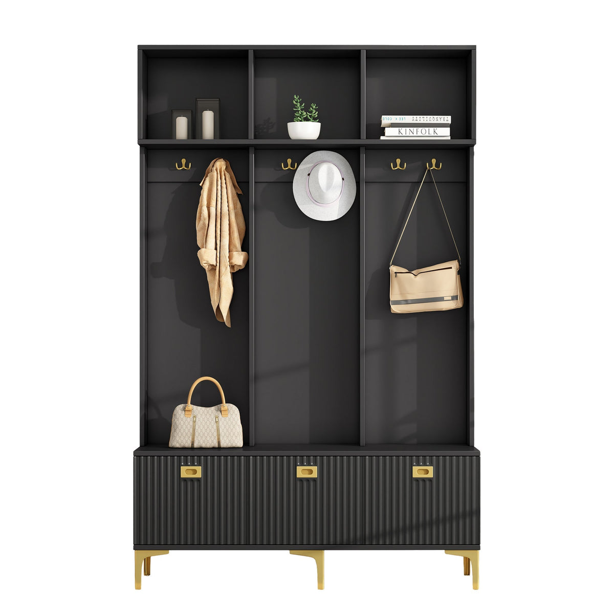 Wardrobe Set with Bench, Multifunctional Storage, Open Storage, 6 Golden Hooks, Black