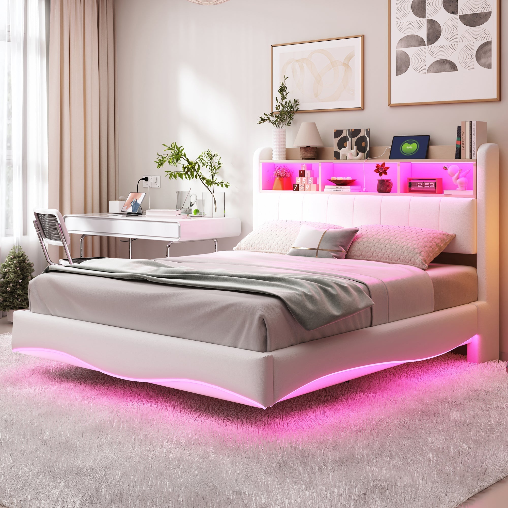 Suspended Design Upholstered Bed 140*200, Multifunctional Storage with LED, USB & Type-C, Linen Fabric Beige