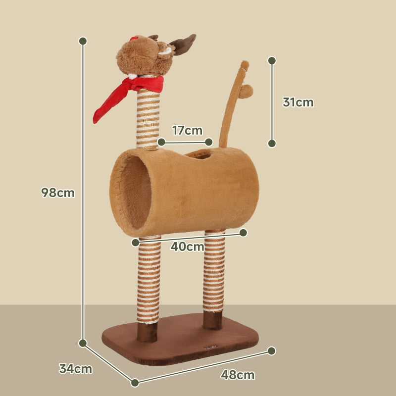 Cat Tree 98cm Deer Design, Cave, Play Ball, Jute Trunks Brown