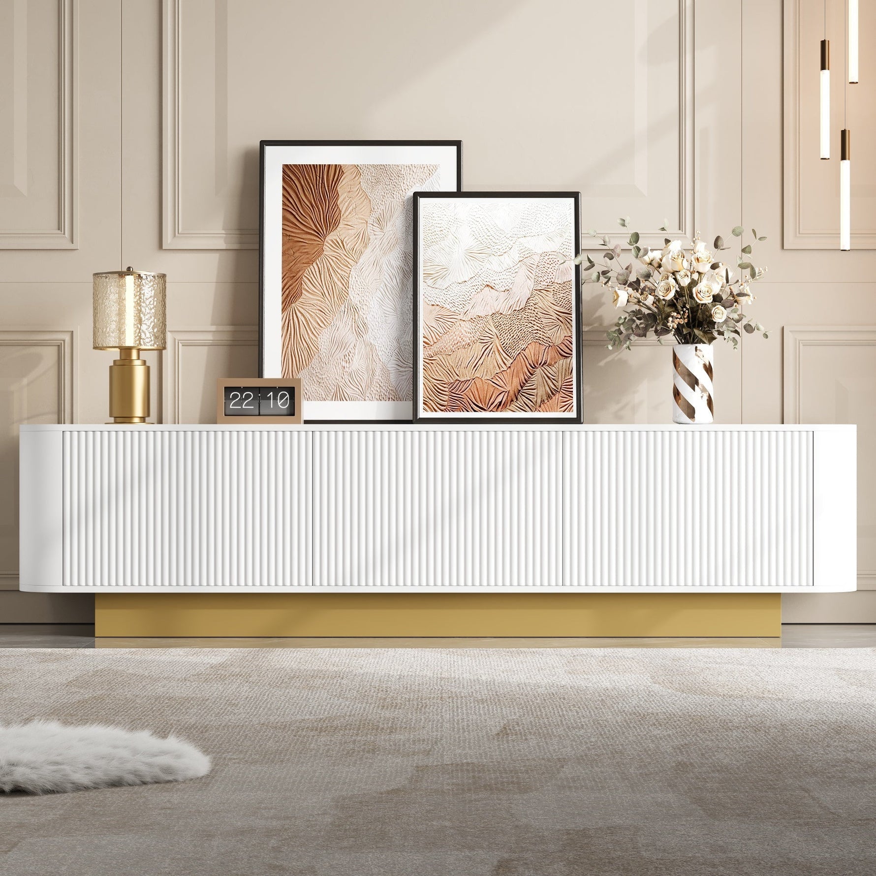 Modern TV Stand with Storage and Cable Management, Rounded Design, White